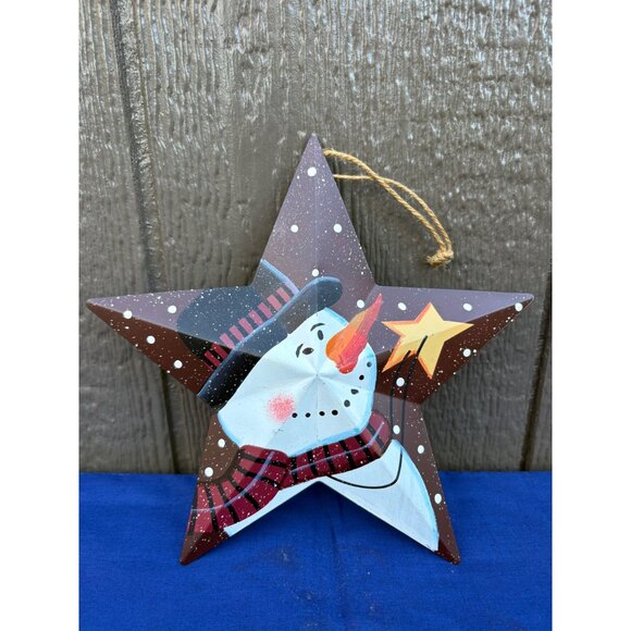 Hand-Painted Snowman Star-Shaped Metal Tin Christmas Tree Ornament Jute Hanger - Picture 1 of 2